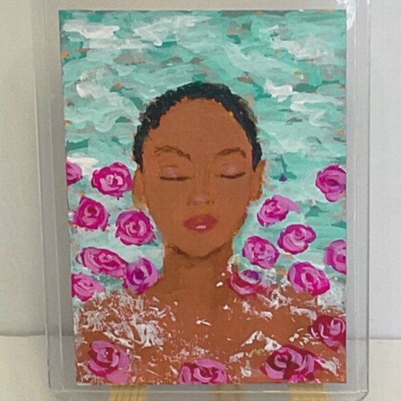 ACEO Original Art Card  Signed by Artis Serene Portrait with Pink Roses - Picture 7 of 8